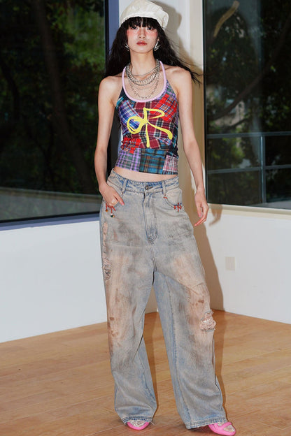 Color-Block Plaid Bow Camisole