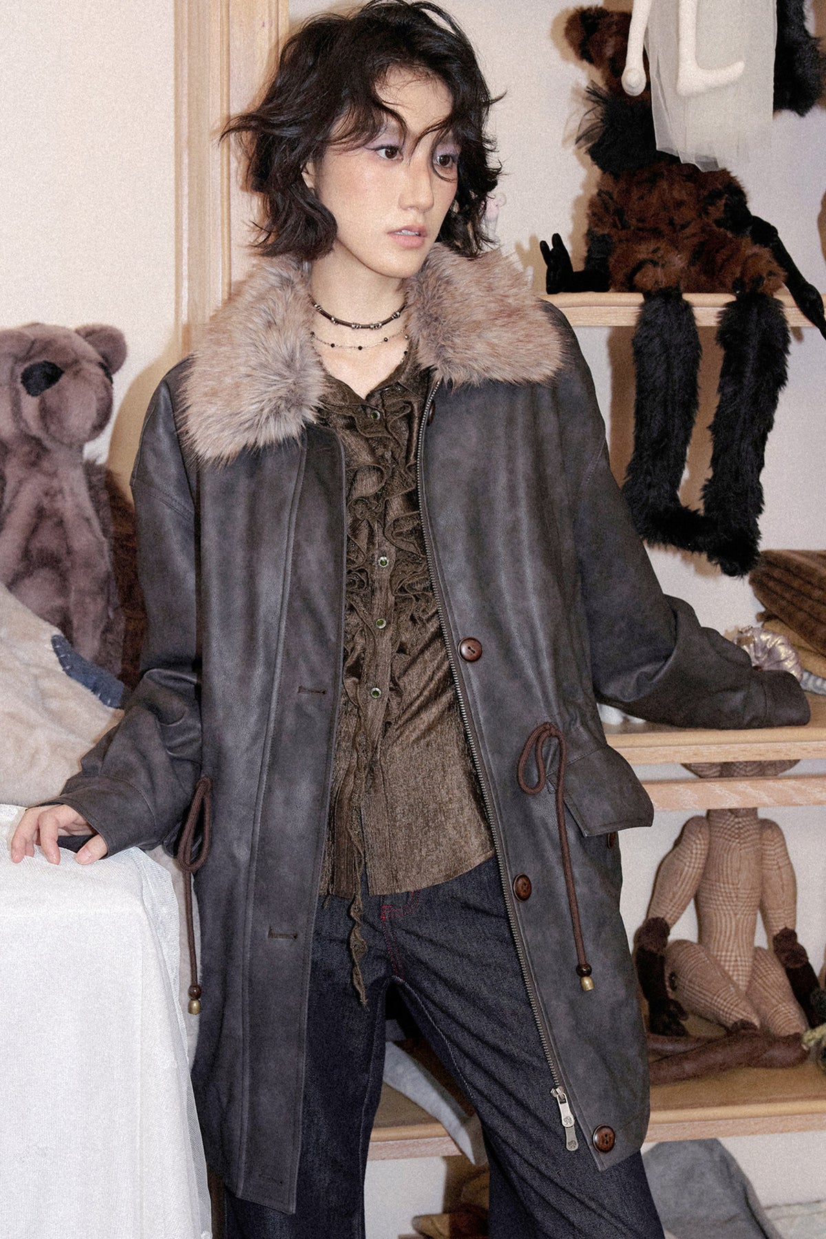 Fleece-Lined Detachable Fur Collar Leather Jacket
