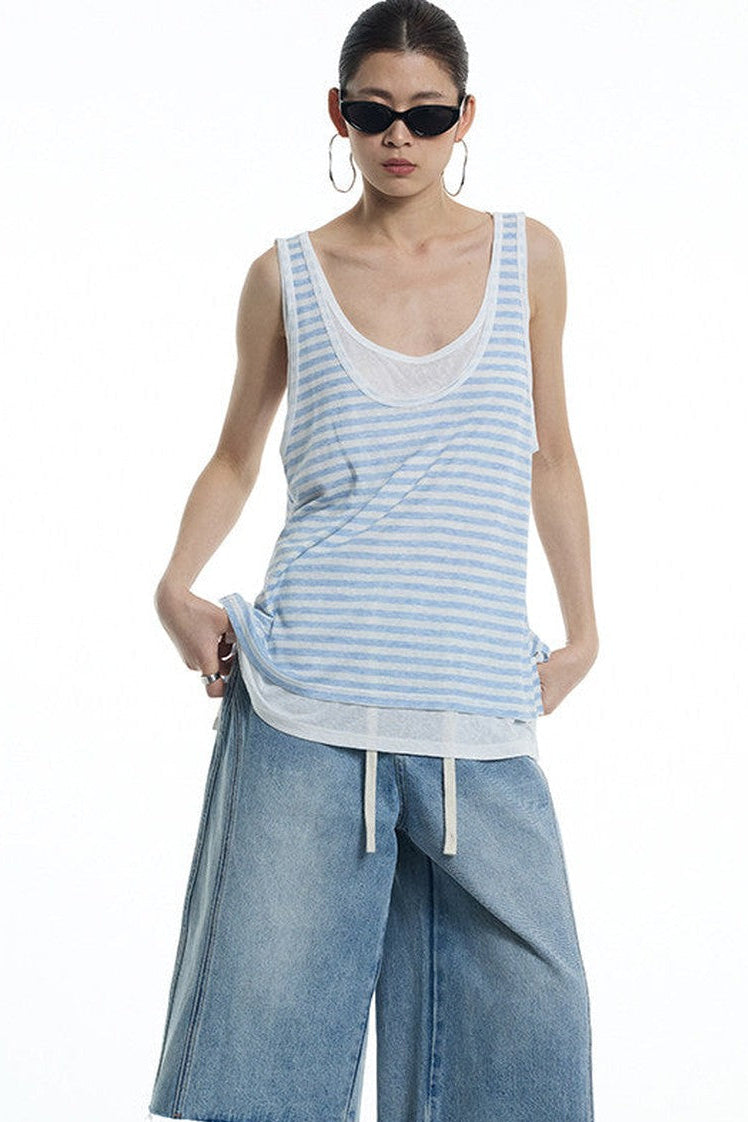 Nautical Striped Lyocell U-Neck Vest
