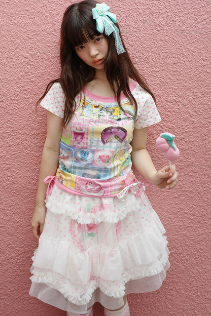 Double-Layer Double-Sided Cake Print White Gauze Skirt