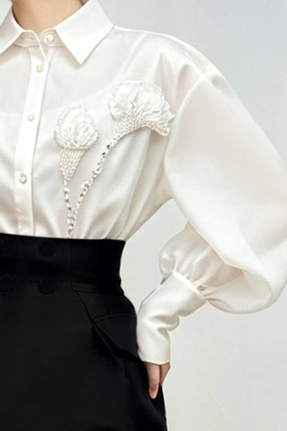Satin Puff Sleeve Ruffle Blouse