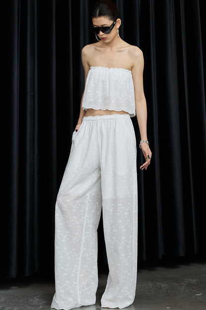 White Cotton Hollow Embroidery Top And Pants Set-Up