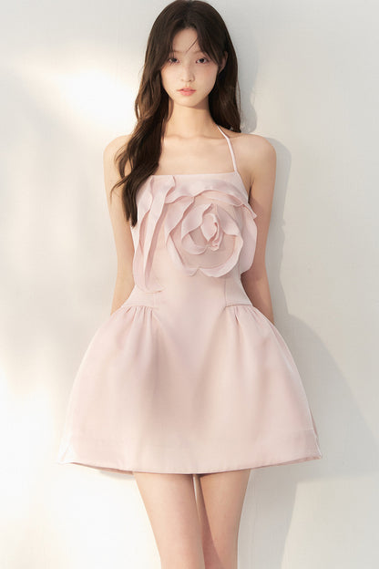 Pink Satin 3D Rose Halter Dress