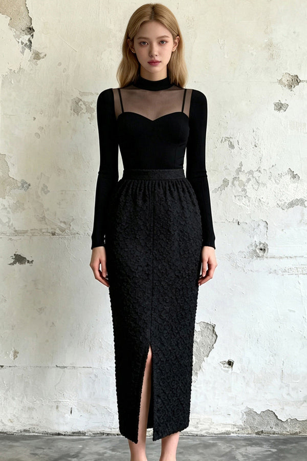 Half-High Collar Midi Dress