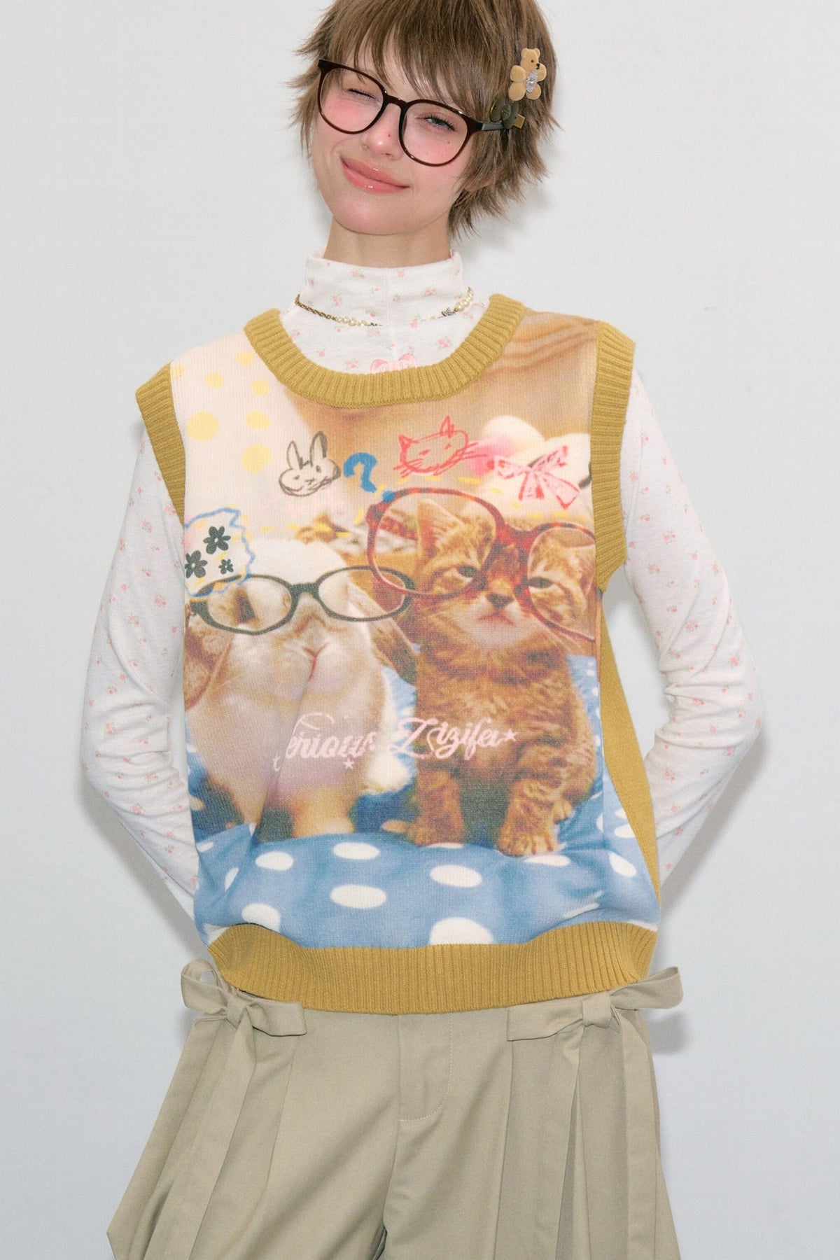 Cat Print Knit Vest