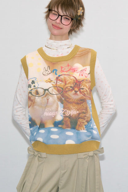 Cat Print Knit Vest
