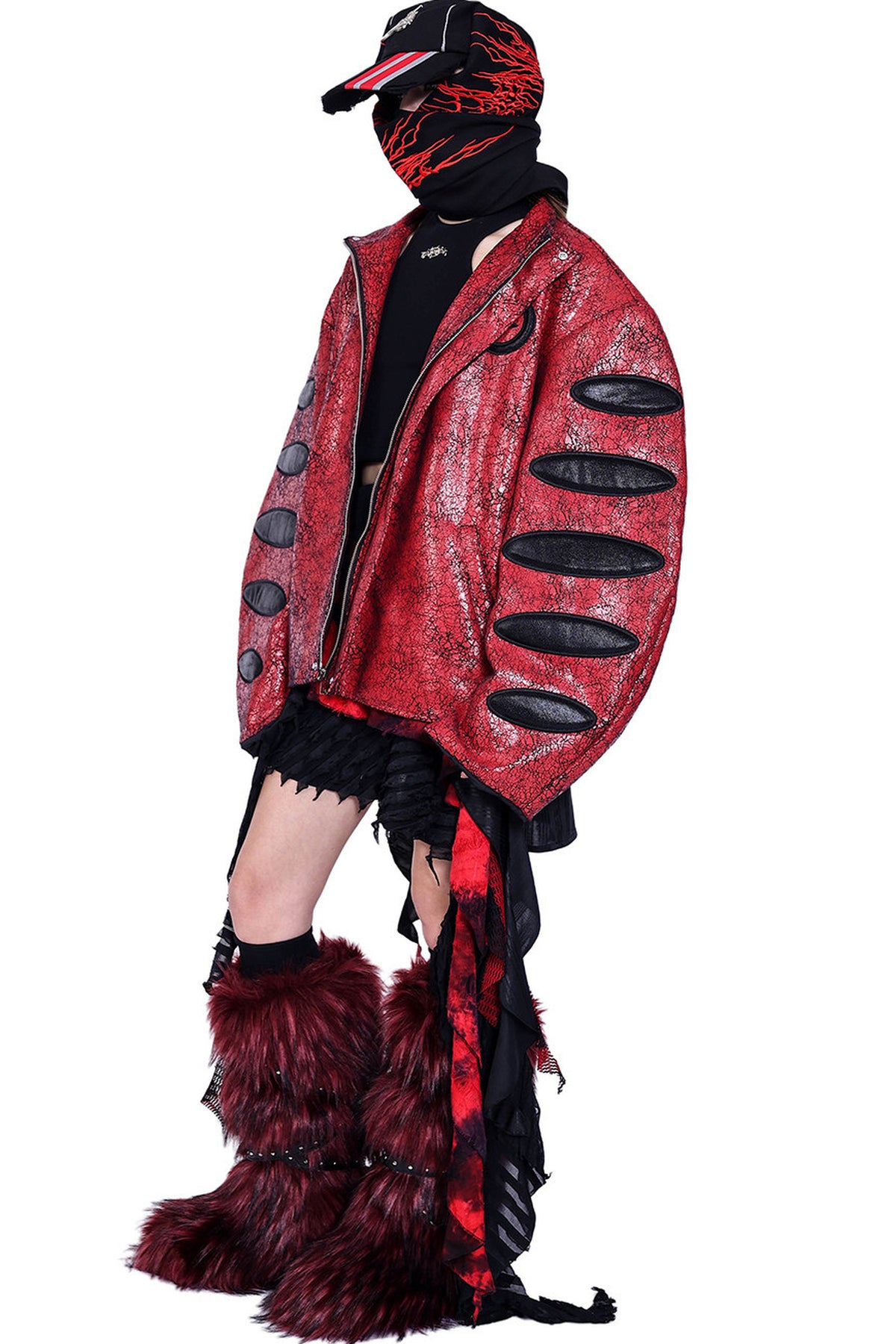Red Cracked Leather Oversized Jacket