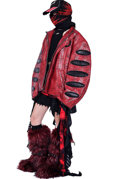 Red Cracked Leather Oversized Jacket