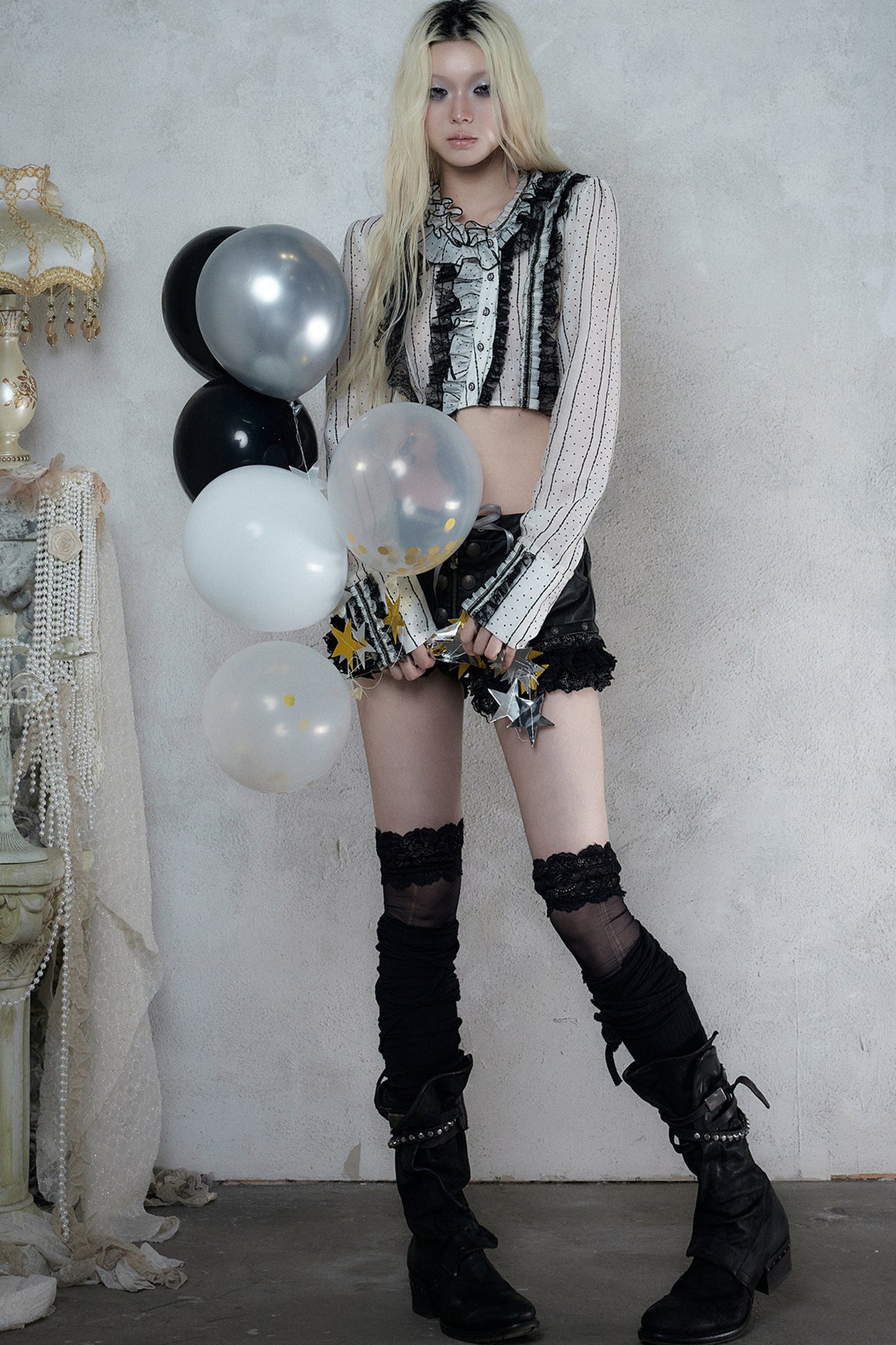Asymmetric Polka Dot Striped Lace Shirt