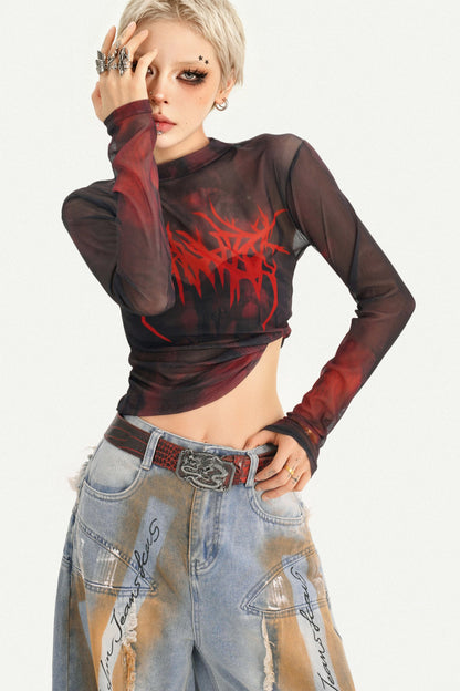 Red Graphic Mesh Long-Sleeved Top