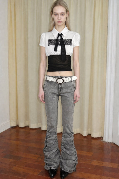 White Lace Panel Tie Shirt