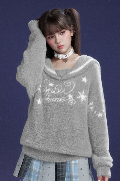 Gray Faux Mink Fur Sailor Collar Sweater