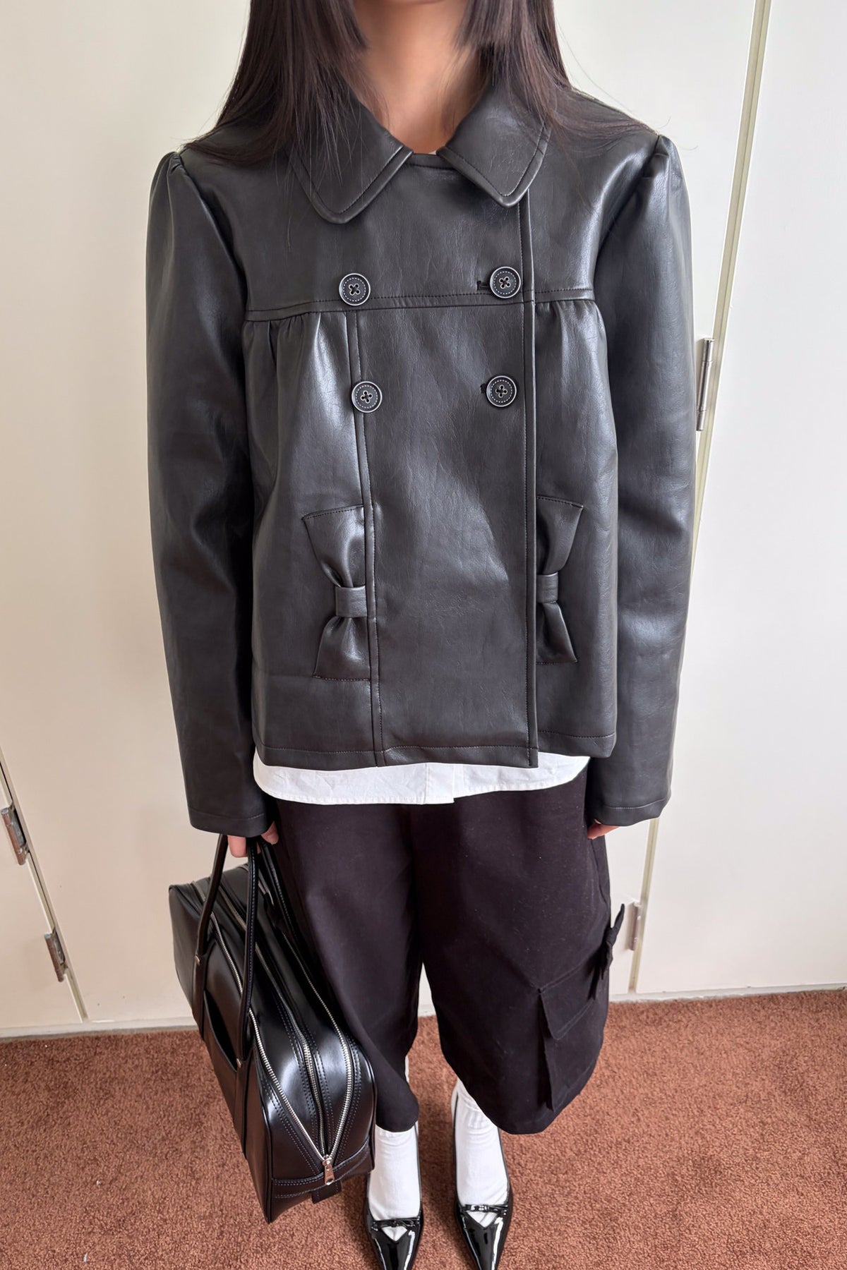 Double-Breasted Bow Pocket Leather Jacket