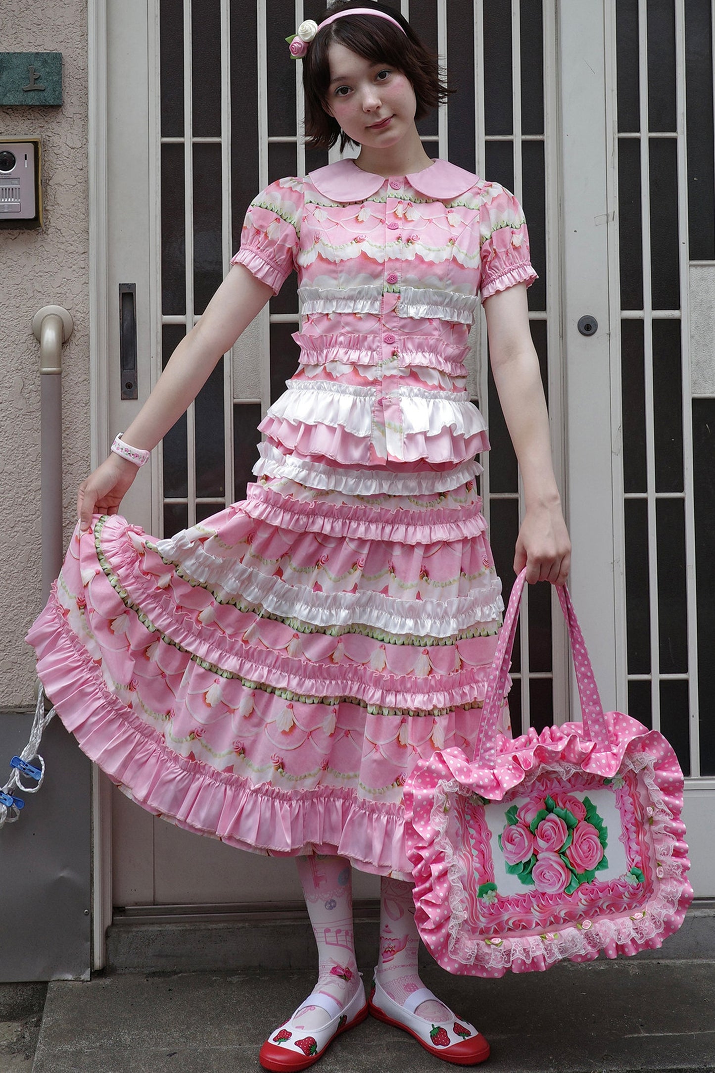 Rose Print Bubble Sleeve Blouse and Cake Skirt Set