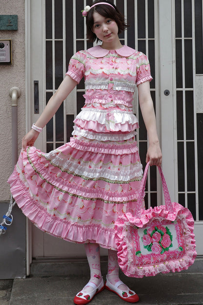 Rose Print Bubble Sleeve Blouse and Cake Skirt Set