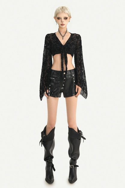 Low-Waist Studded Workwear Leather Shorts