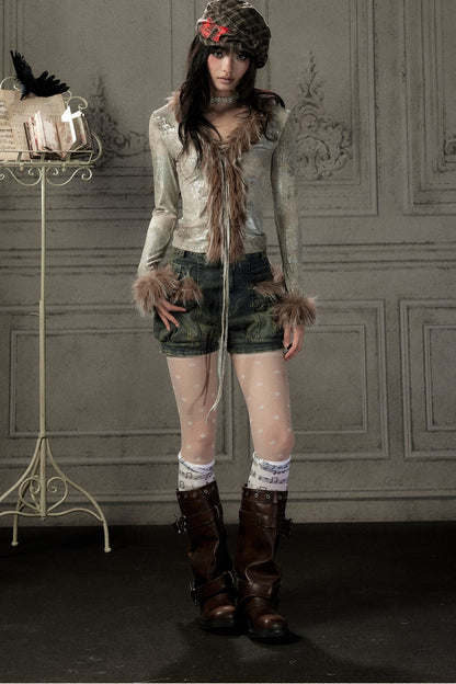 Fur Collar V-Neck Long-Sleeve T-Shirt