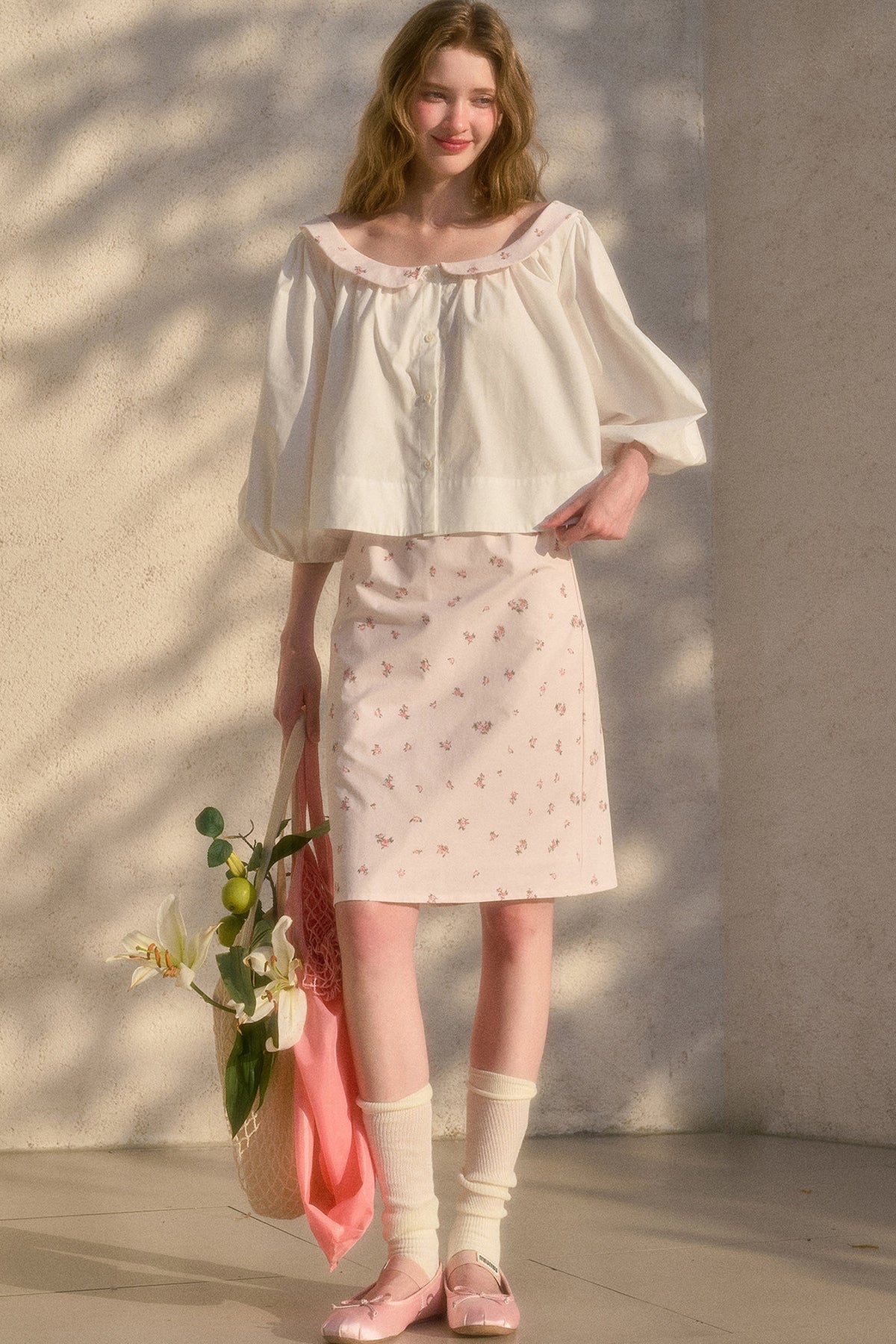 Floral Puff Sleeve Shirt and Skirt Set-Up
