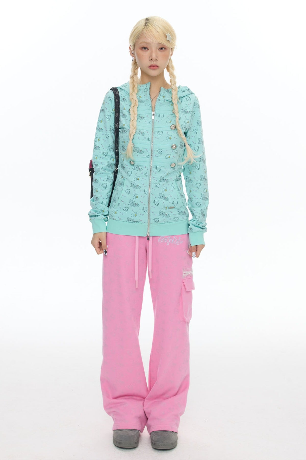 Mint Green Frog Double-Breasted Zipper Jacket