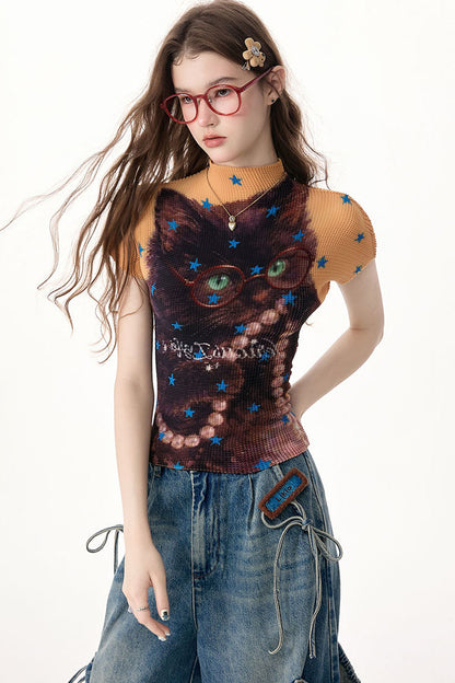 Yellow Star Cat Print Short Sleeve Top