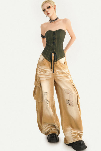 Haut tube corset vert foncé à lacets