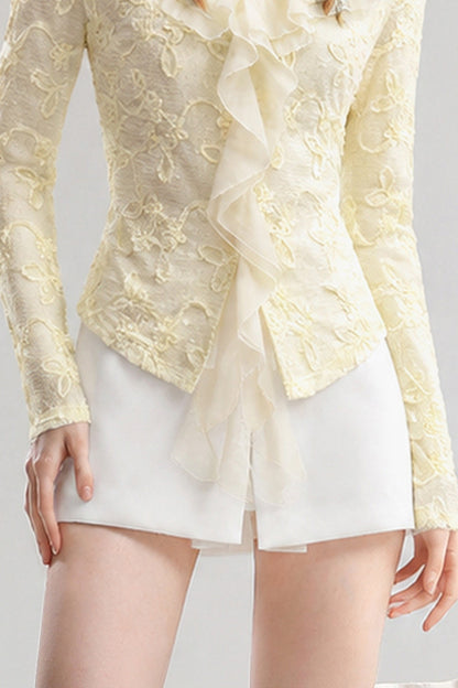 Yellow V-Neck Ruffle Straight Knit Top