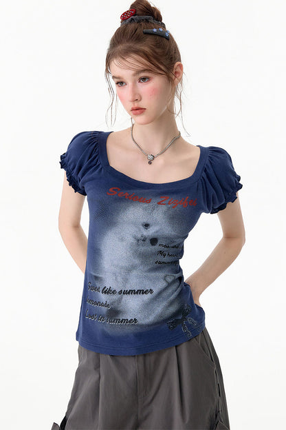 Dark Blue Puff Sleeve T-Shirt