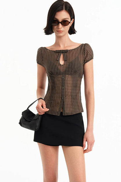 스퀘어넥 체크 버튼업 리본 블라우스