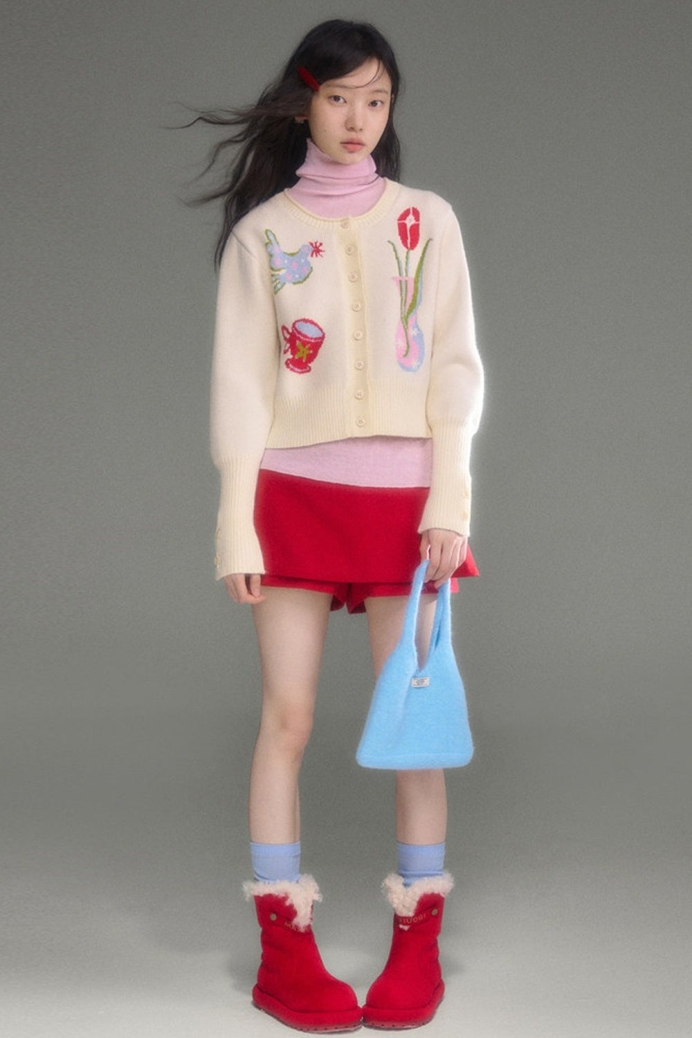 Tulip Bird Jacquard Knit Cardigan