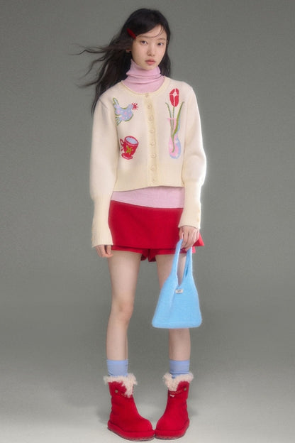 Tulip Bird Jacquard Knit Cardigan