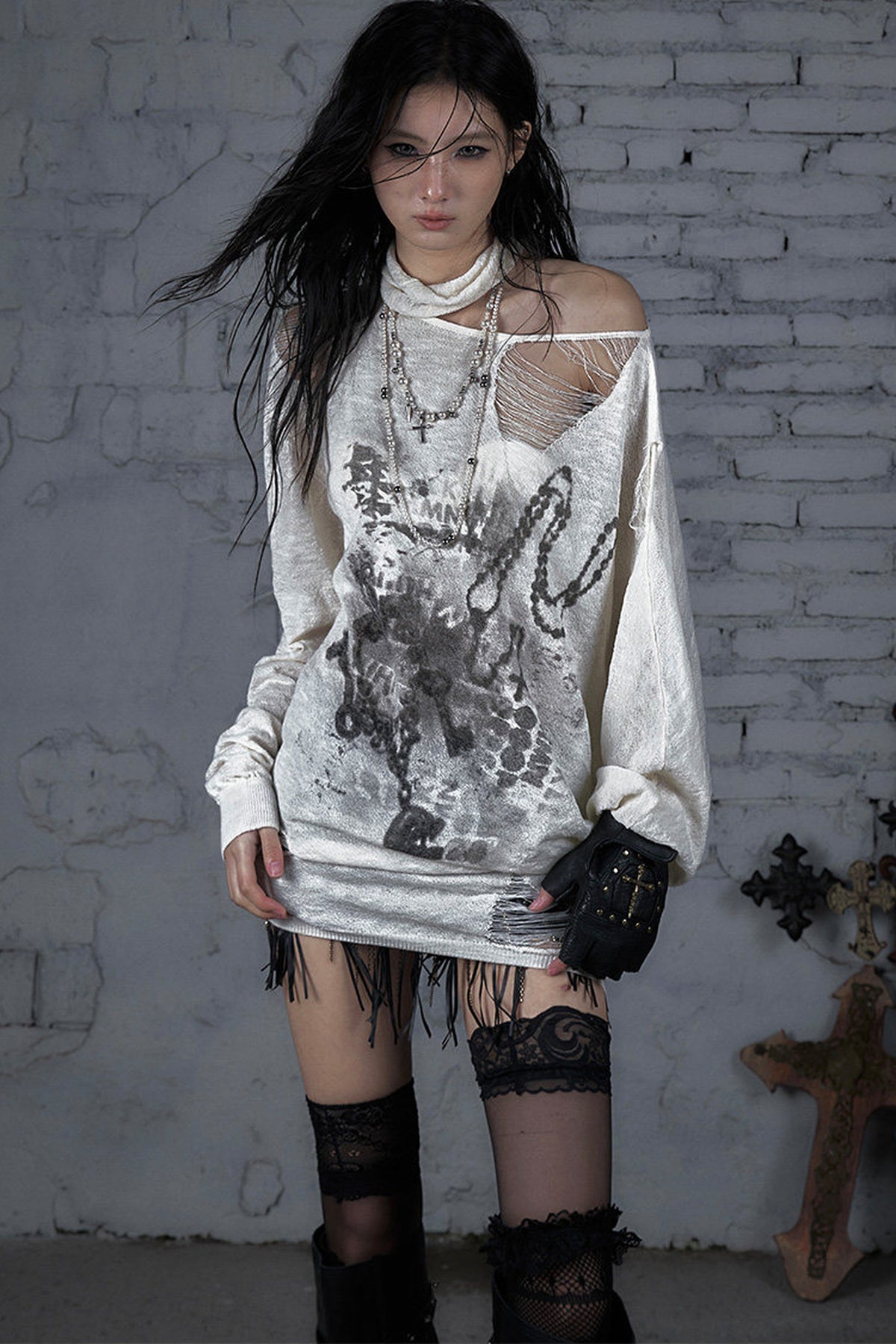 Ripped Off-Shoulder Punk Print Knit Top
