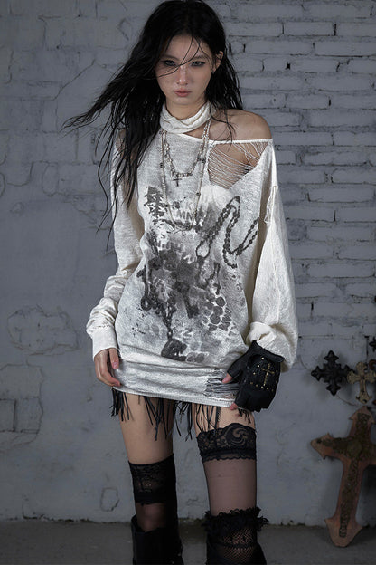 Ripped Off-Shoulder Punk Print Knit Top
