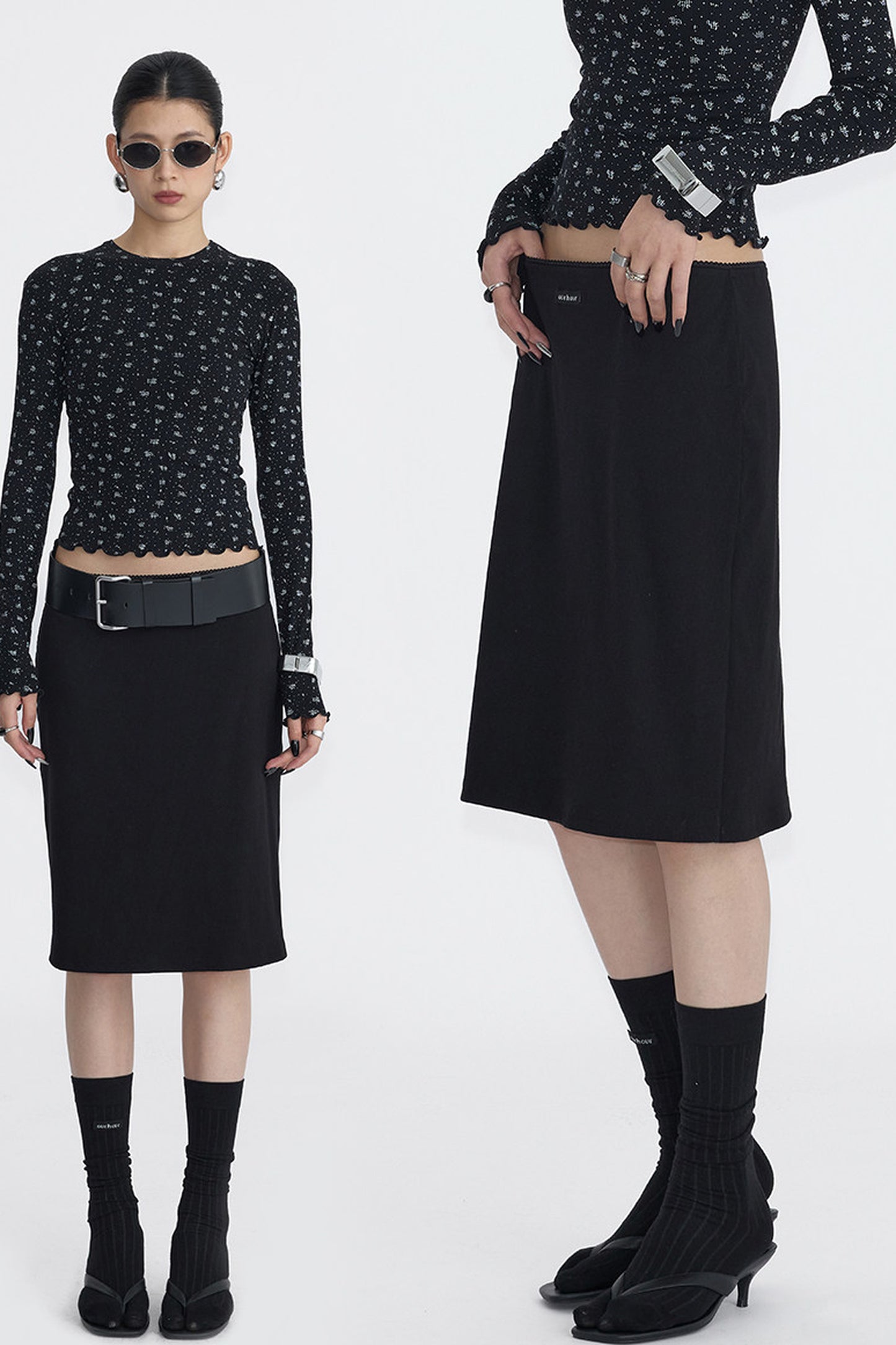 Lace Trim Knit Midi Skirt