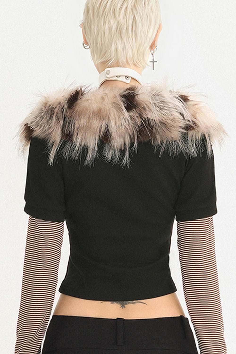Black Plush Collar Zip-Up Slim-Fit Top