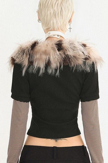 Black Plush Collar Zip-Up Slim-Fit Top