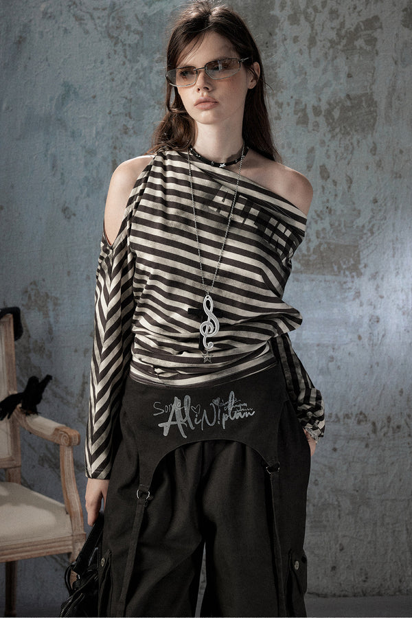 Asymmetrical Striped Off-Shoulder Long-Sleeve Top