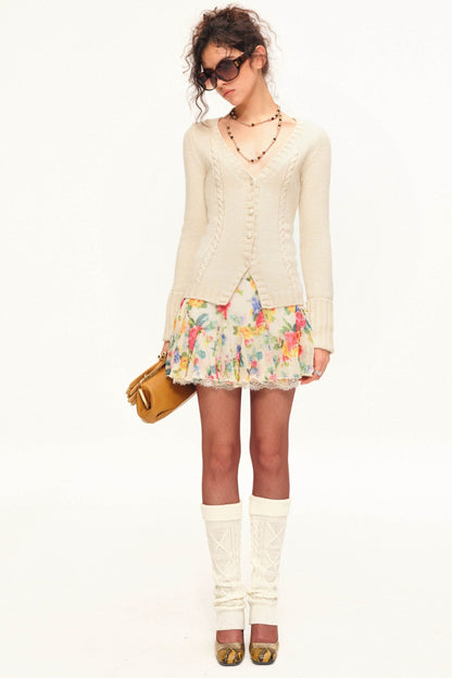 Printed Wool Knit Cardigan and Skirt Set-Up