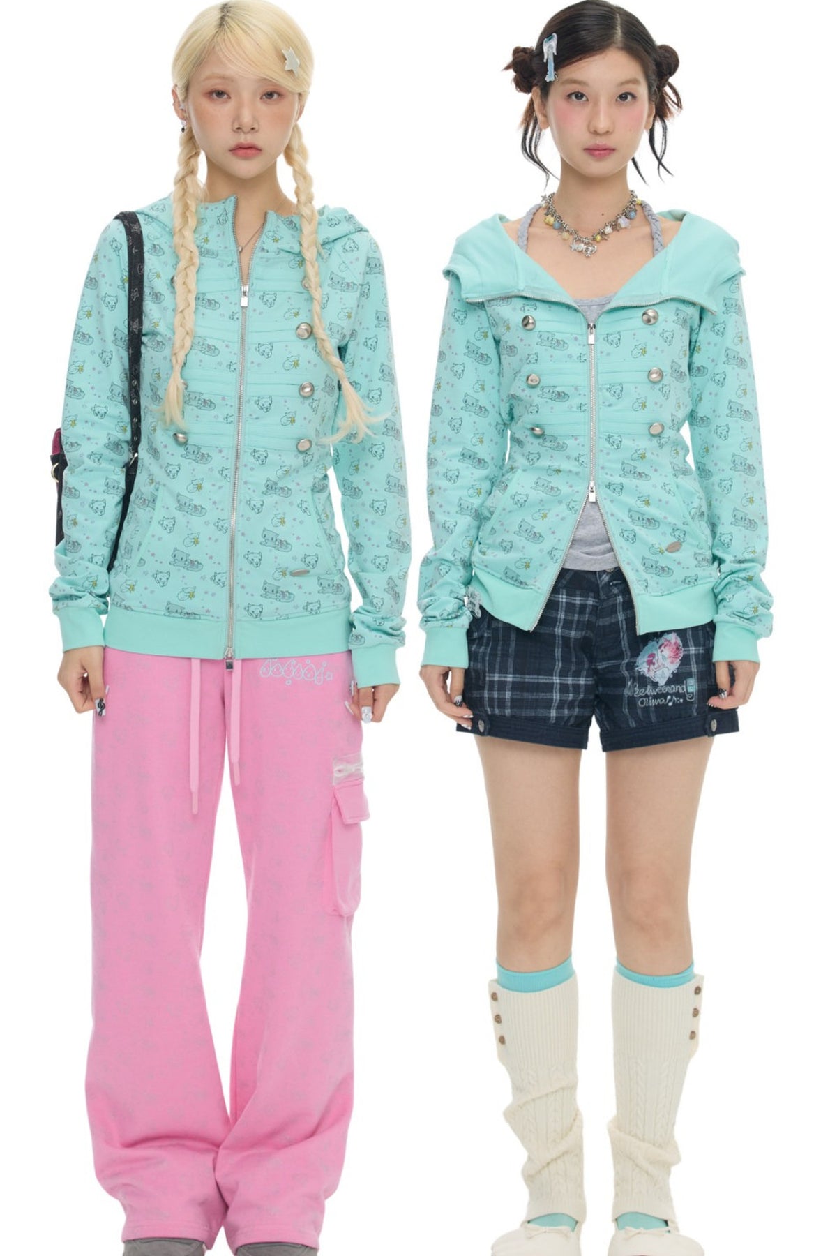 Mint Green Frog Double-Breasted Zipper Jacket