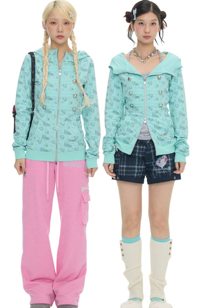 Mint Green Frog Double-Breasted Zipper Jacket