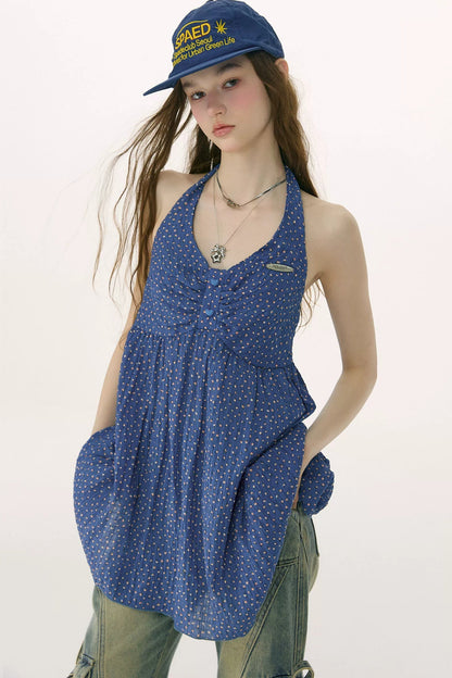 Blue Floral Waist-Tie Halter Camisole