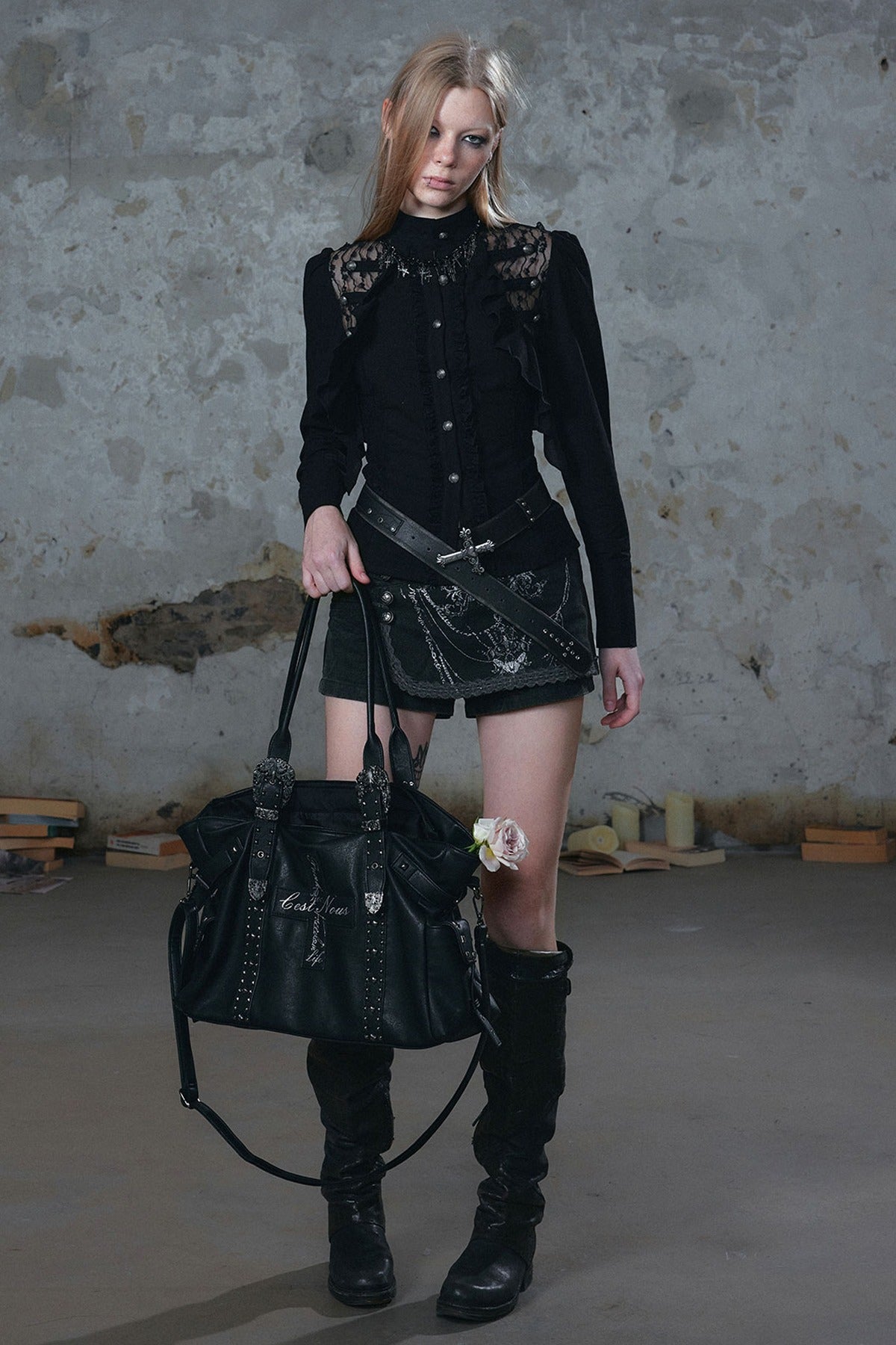 Cross Rivet Leather Shoulder Bag