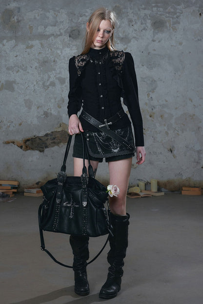 Cross Rivet Leather Shoulder Bag
