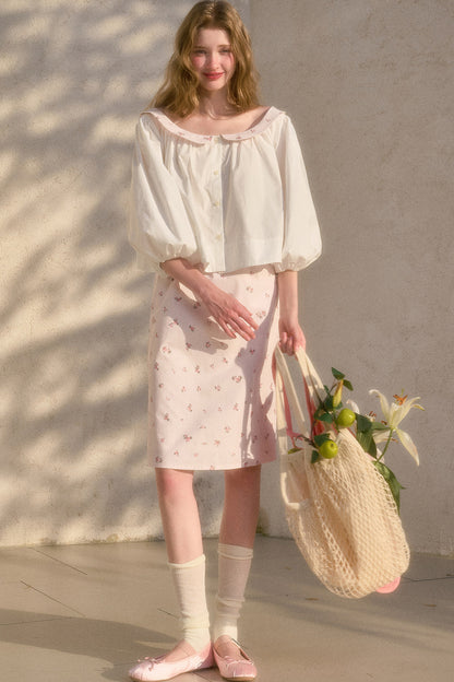 Floral Puff Sleeve Shirt and Skirt Set-Up