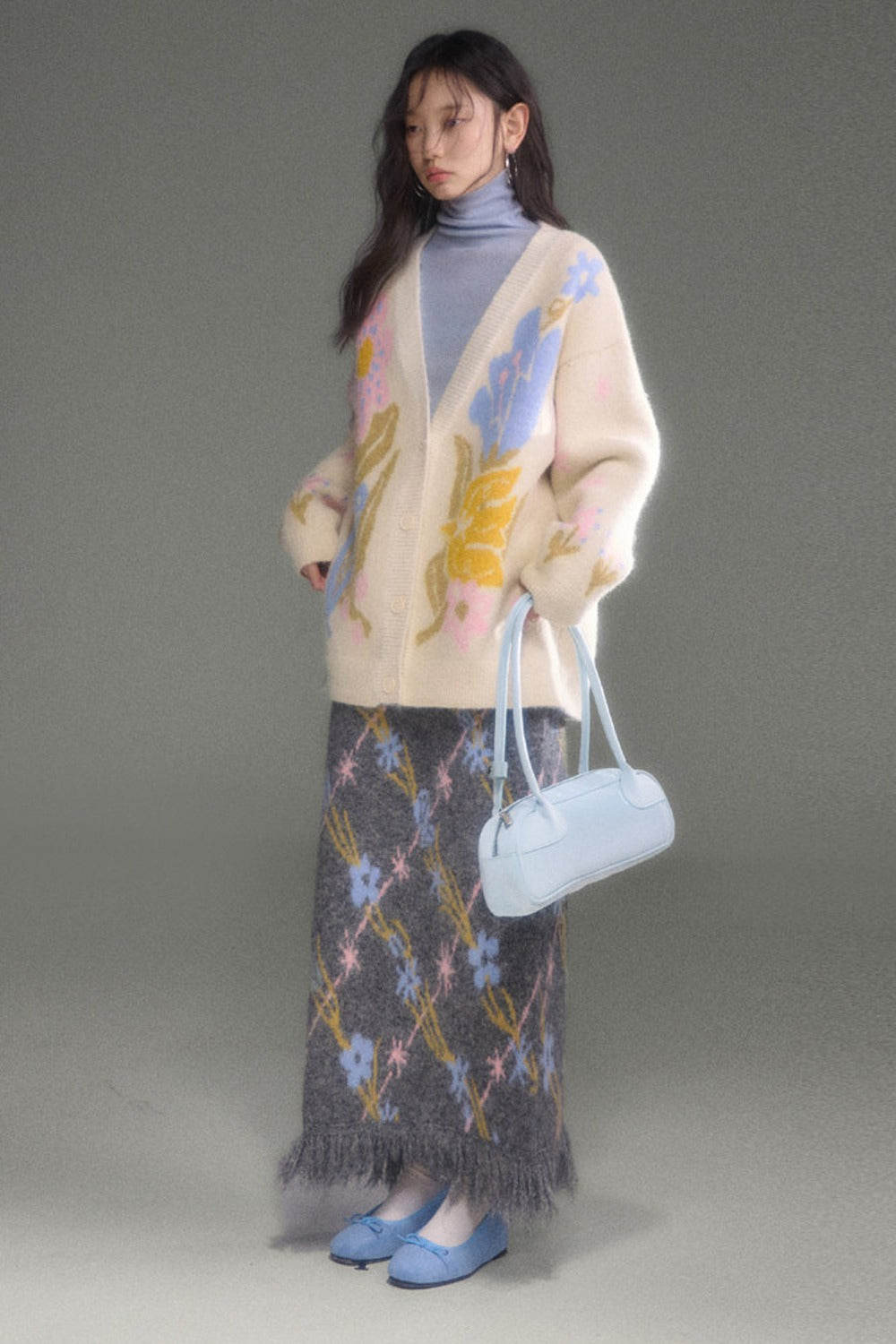 Ear-Flap Bird Tulip Jacquard Wool Cardigan