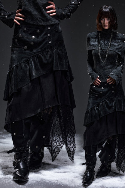 Palace-Style Suede Patchwork Asymmetrical Skirt