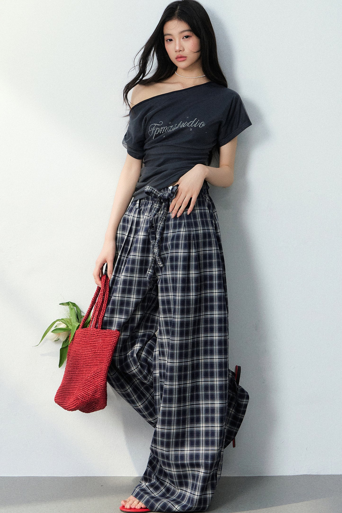 Navy Blue Plaid Wide-Leg Pants