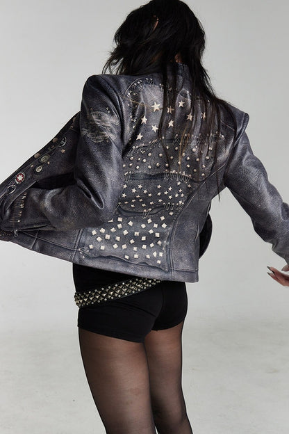Distressed Punk Biker Leather Jacket