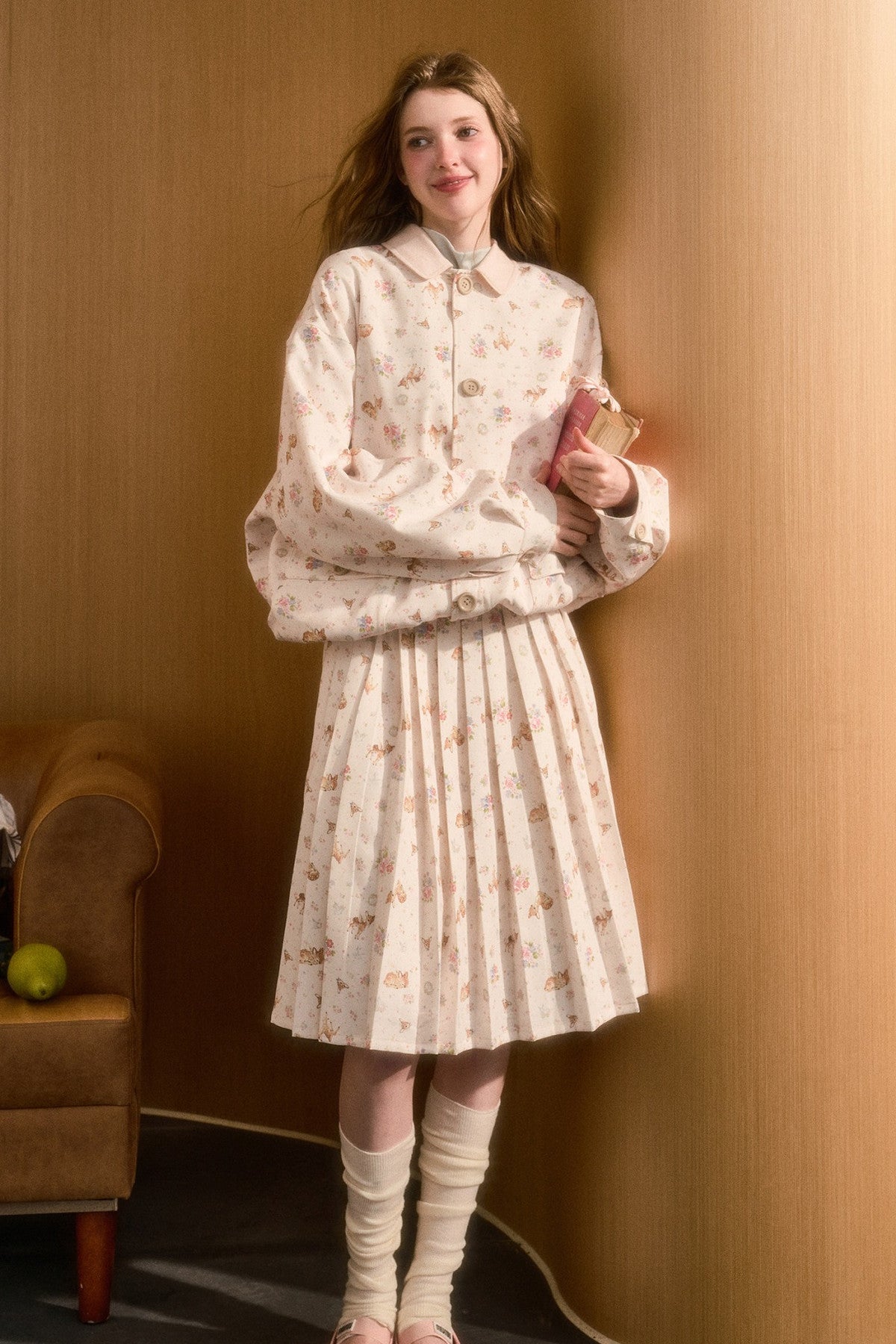 Elastic Waist Deer A-Line Pleated Skirt