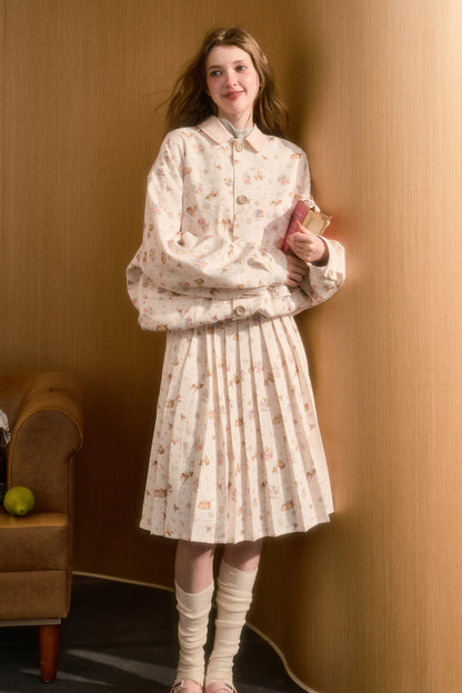 Elastic Waist Deer A-Line Pleated Skirt