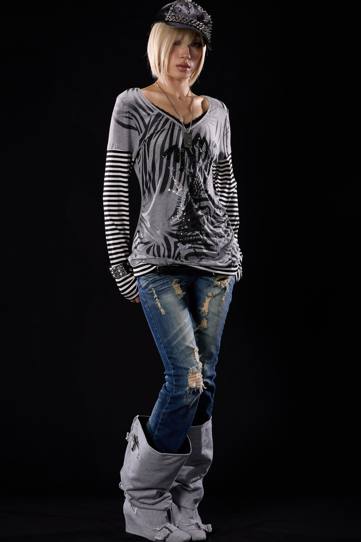 Zebra Print Layered-Look Long Sleeve T-Shirt